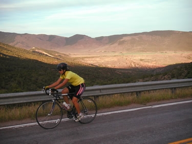 Dawn bikes through a gorgeous canyon on the 
way into McCoy, CO.