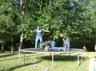 Enjoying life in Emily's house on our day off in St. Louis- until Travis and Aaron broke the trampoline!