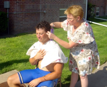 One of the members of the First United Methodist Church in Arapahoe, NE gave Garrett a well-needed haircut.