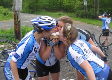 Team Estrogen shares a cinnamon bun!(Jen, Becca, Allie, and Sandy)