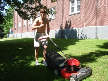 Jarred mows the lawn.