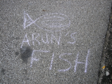 A depiction of Arun's fish leads us into a water stop on the way from Ohio to Indiana.