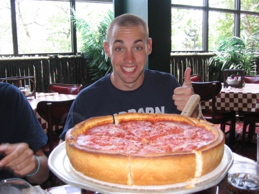 Logan with the deep-dish pizza.