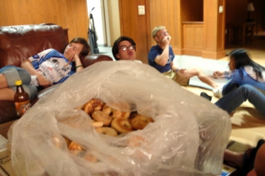 The everlasting bag of 150 bagels  from our hosts at Illinois College in Jacksonville, IL! (with sarah, Tom, Eric and Alice)