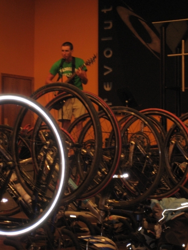 Jarred sings the bikes to sleep at the youth center of the Assembly of God Church in Paola, MO.