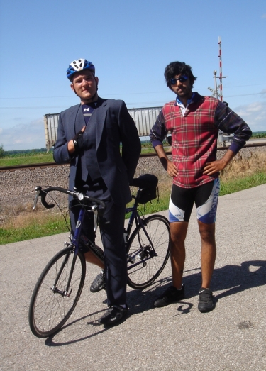 Rob and Arun spiced up their wardrobe with a $9 three-piece-suit from a thrift store en route to Fairbury, NE.